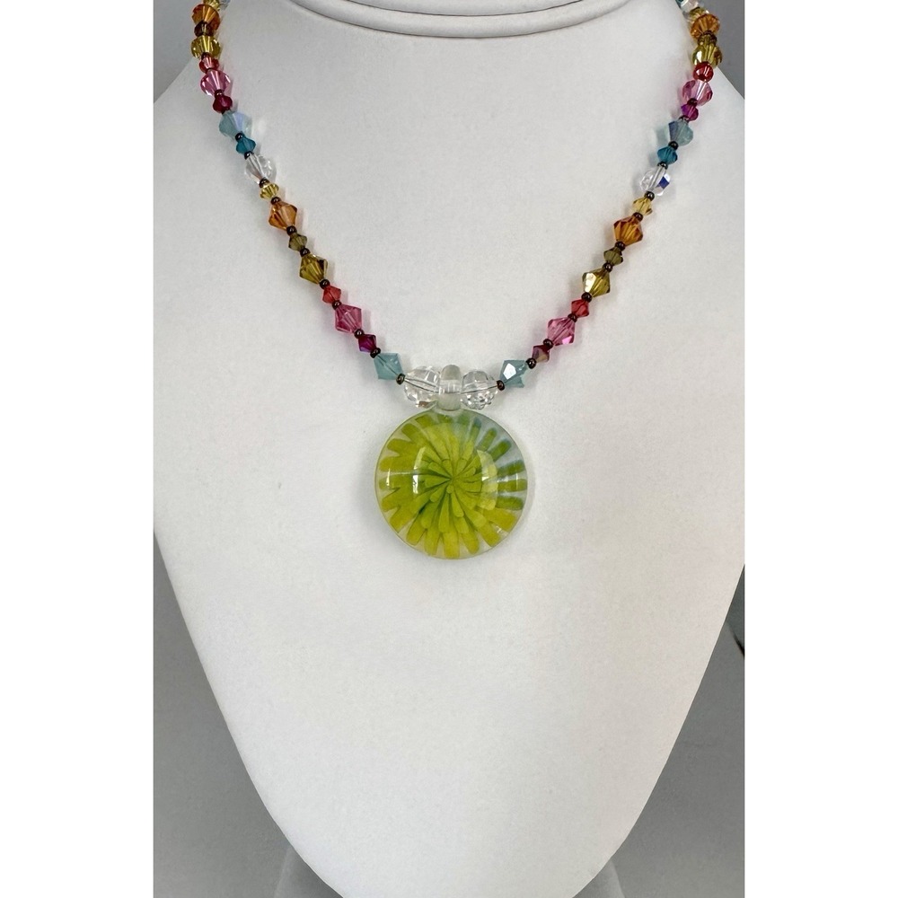 Emily Ray Sterling Swarovski Crystal Beaded Necklace Large Green Glass Pendant
